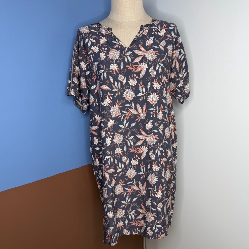 J Jill Pure Dress SP Blue Gray Artisanal Floral‎ Kimono Short Sleeve Flowy Boho